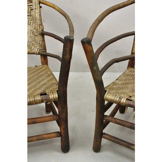 Rustic Mid 20th Century Adirondack Old Hickory Style Tree Branch Wood Frame Rattan Lounge Chairs a Pair For Sale - Image 3 of 12