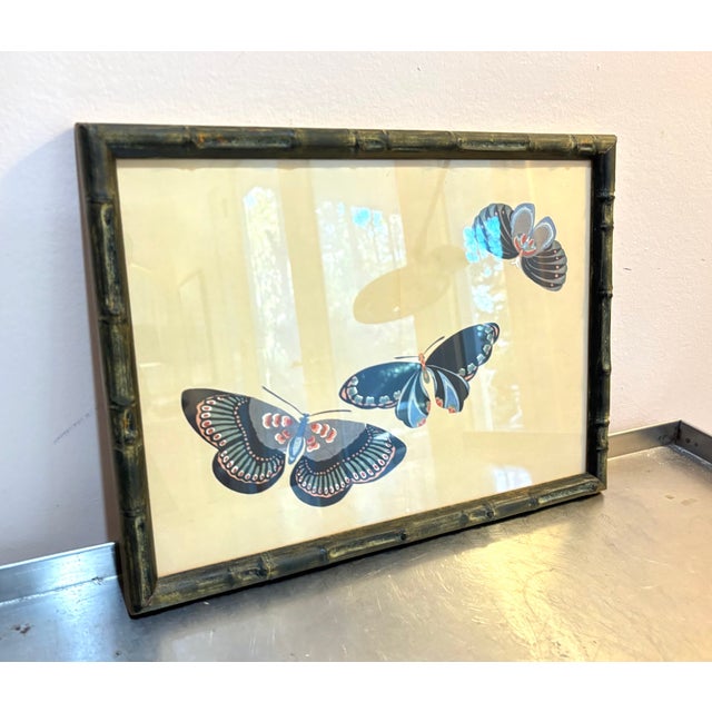 Japanese Japanese Butterfly Woodblock Print in Black Wood Bamboo Frame For Sale - Image 3 of 5