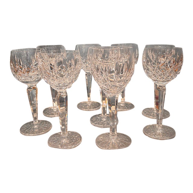 1970s Waterford Crystal Lismore Wine Glasses Goblets Set of 9 Signed Cut Crystal For Sale