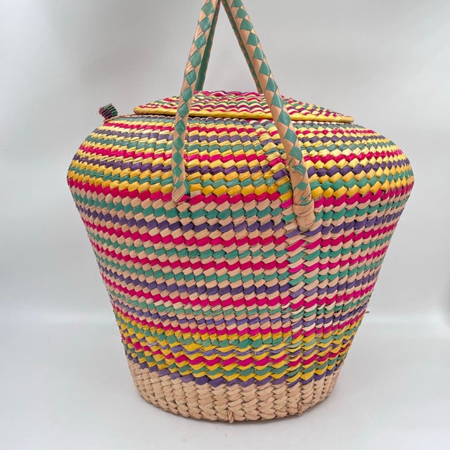 Vintage Rainbow Seagrass Woven Basket: Extra Large Storage, Snake Charmer Basket For Sale - Image 11 of 12