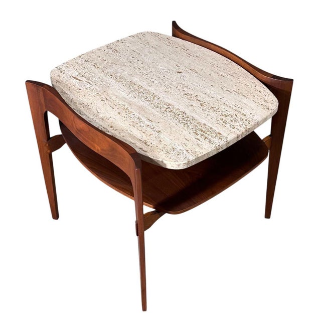 Bertha Schaefer Walnut w/travertine side/end table, 1960. Original Measures 23" wide 24" deep 22.5" tall