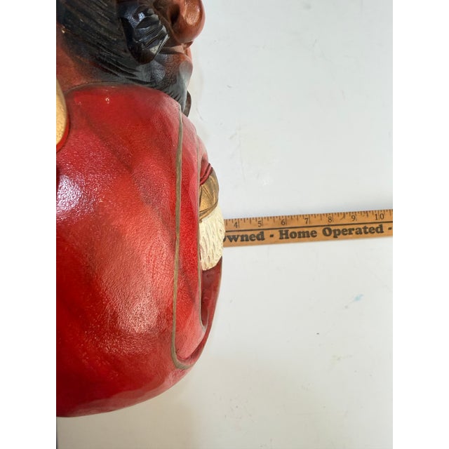 Vintage Hand-Carved Wood Daruma Bodhidharma Wall Mask With Hossu Fly Whisk For Sale - Image 4 of 12