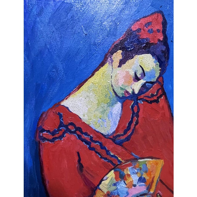2010s Oil Painting Girl in Red With a Fan Victor Konotopsky For Sale - Image 5 of 9
