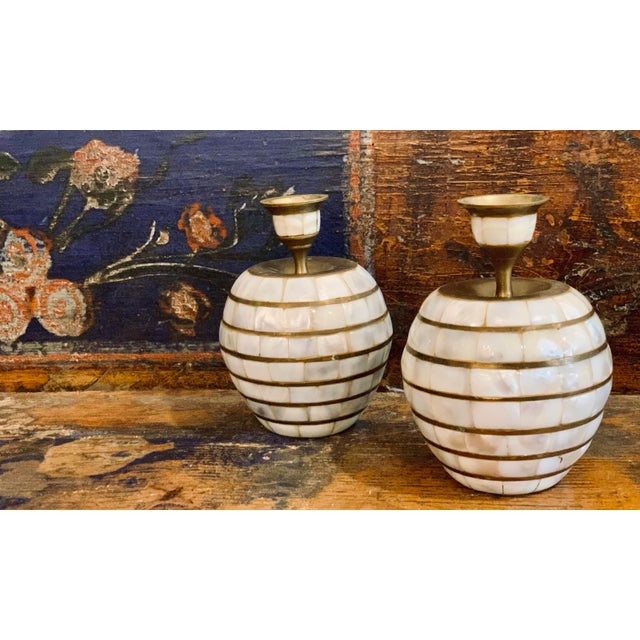 A Pair of 1970’s Vintage Indian Tessellated Mother of Pearl, Shell Candlestick Holders With Brass Trim. Reminiscent of a...