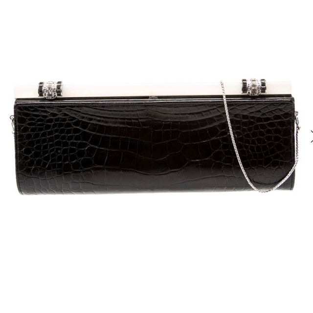 Art Deco 2004 Judith Leiber Alligator Leather Embossed Lucite Crystal Art Deco Baquette Evening Clutch ShoulderBag For Sale - Image 3 of 18