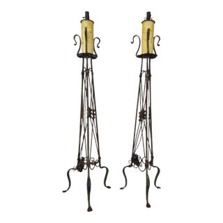 Vintage Neoclassical Iron Faux Candlestick Torchiere Floor Lamps - a Pair For Sale