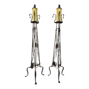 Vintage Neoclassical Iron Faux Candlestick Torchiere Floor Lamps - a Pair