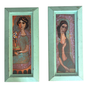 Pair of Painted Tile Wall Plaques of Two Women by Harris G. Strong