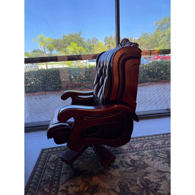 Wood Vintage Presidential Tufted Oxblood Leather & Mahogany Reclining Executive Swivel Office Chair For Sale - Image 7 of 8