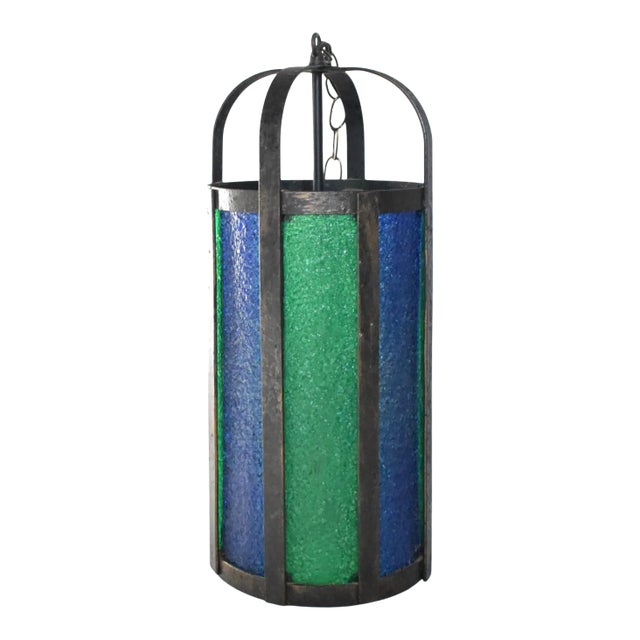 Mid-Century Wrought Iron Stained Glass Hanging Pendant Light For Sale