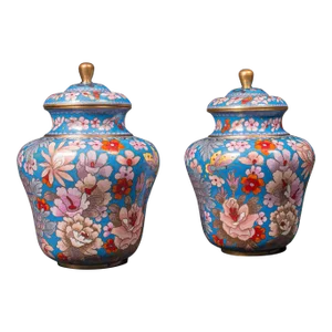 1900s Pair of Antique Victorian English Ceramic Cloisonne Spice Jars