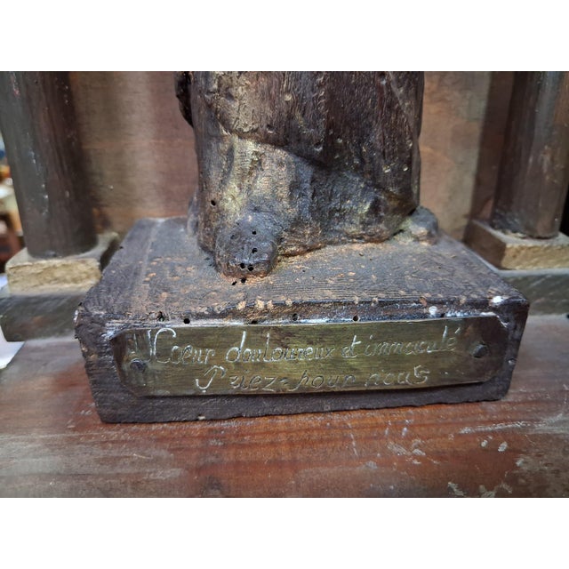 Brown Wooden Devotional Statue Representing the Virgin with the Sorrowful and Immaculate Heart, 1800s For Sale - Image 8 of 9