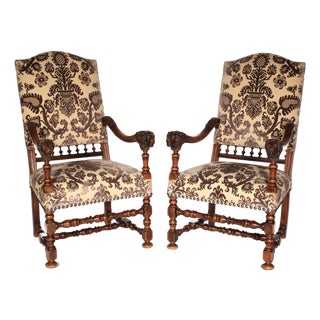 Pair of Louis XIV Style Walnut Armchairs With Lion Carved Arms For Sale