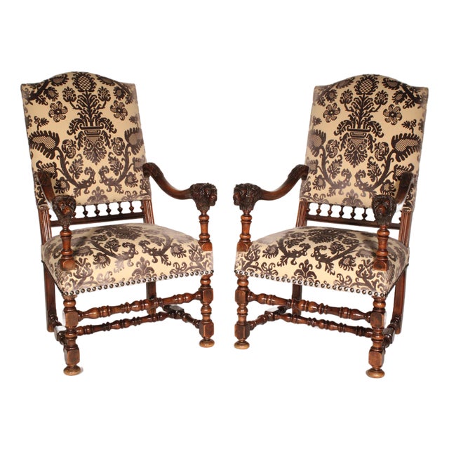 Pair of Louis XIV Style Walnut Armchairs With Lion Carved Arms For Sale