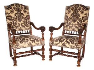 Pair of Louis XIV Style Walnut Armchairs With Lion Carved Arms