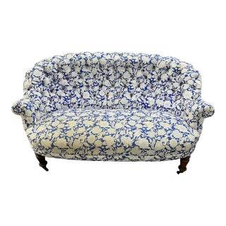 Napoleon III French 19th Century Tufted Settee in Blue Paisley For Sale