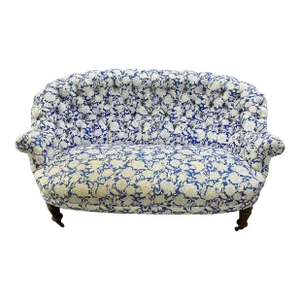 Napoleon III French 19th Century Tufted Settee in Blue Paisley