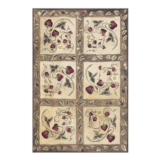 1880s Beige Antique Folk Art Rustic Geometric Modern Hooked Knotted Wool Rug For Sale