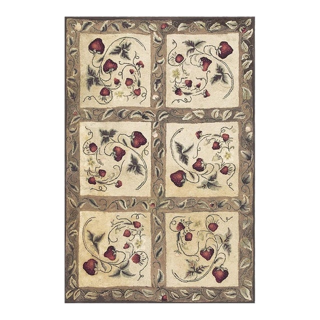 1880s Beige Antique Folk Art Rustic Geometric Modern Hooked Knotted Wool Rug For Sale