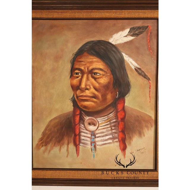 Framed Native American Portrait Painting Signed Wil Hamond 1981 "Lone Hawk" For Sale - Image 18 of 18