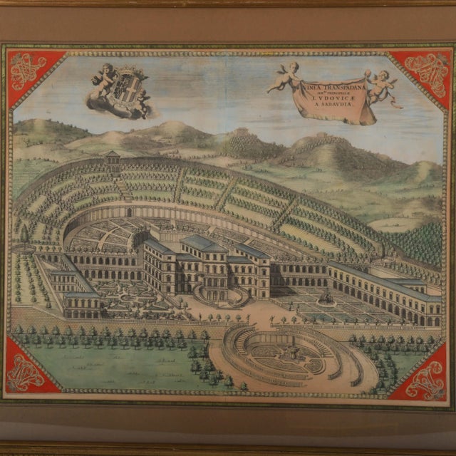 This Framed Antique Engraving of Villa della Regina presents a finely detailed bird's-eye view of the historic 17th-...