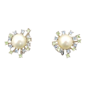 Vintage 1960s Signed Crown Trifari Faux-Pearl, Faux-Aquamarine & Peridot Clip Earrings - 2 Pieces