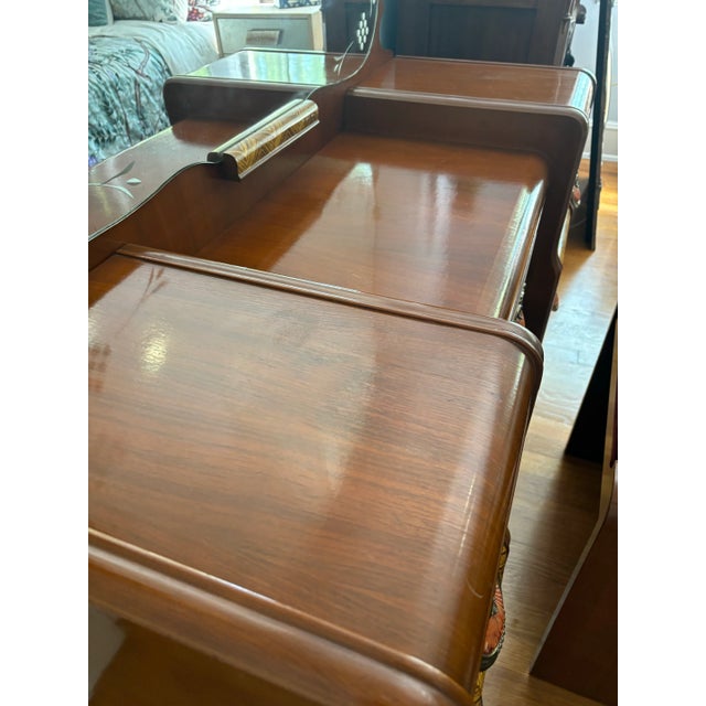 Wood 1930s Art Deco Waterfall Vanity With Mirror and Bench - Set of 2 For Sale - Image 7 of 12