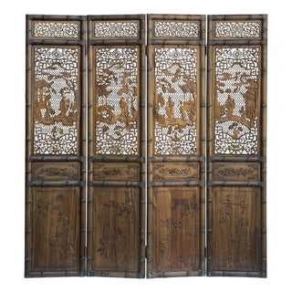 Vintage Finish Openwork Figural 4 Panels Wood Floor Screen Room Divider For Sale