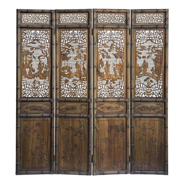 Vintage Finish Openwork Figural 4 Panels Wood Floor Screen Room Divider For Sale