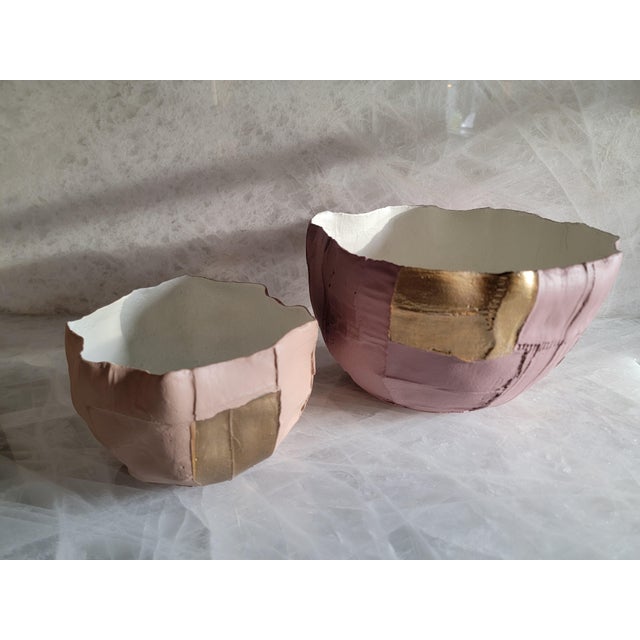 Contemporary Paola Paronetto Italian Paper Clay Ceramic Bowls W/ Gold - Set of 2 For Sale - Image 3 of 11