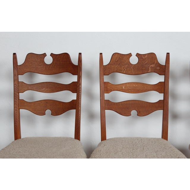Brown Vintage Danish Chairs in Oak with New Sheepskin by Henning Kjærnulf, 1970s, Set of 6 For Sale - Image 8 of 10