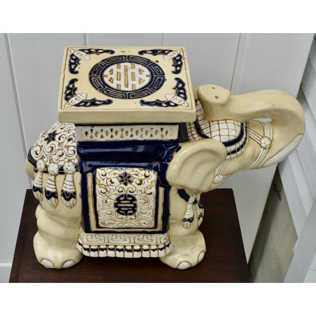 Cream Ceramic Elephant Garden Stool Side Table Plant Stand Chinese Cream Blue For Sale - Image 8 of 15