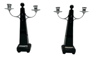 Art Deco Candlesticks in Black Lacquer, Oak & Nickel, Netherlands, 1930s, Set of 2