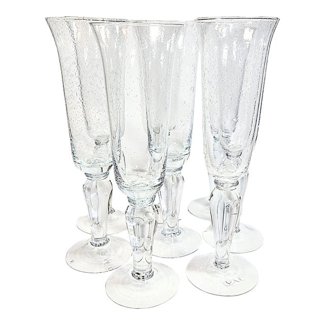 Handblown Bubbled Champagne Flutes- Set of Eight For Sale