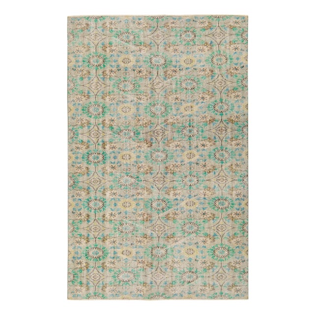 1960s Hand-Knotted Distressed Vintage Rug in Green, Beige-Brown Floral Pattern For Sale In New York - Image 6 of 6