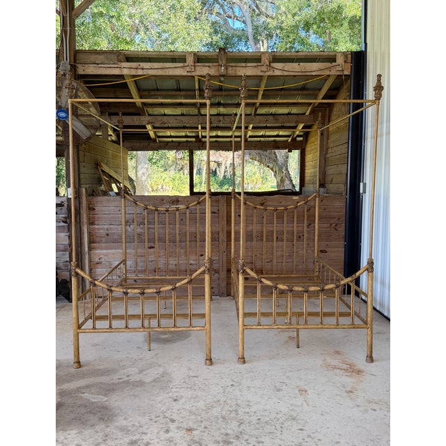 Pair of Vintage Faux Bamboo Metal Twin Four-Poster Canopy Beds For Sale - Image 12 of 12