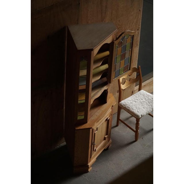 Mid-Century Danish Oak Corner Cabinet with Leaded Stained Glass, 1940s For Sale - Image 6 of 12