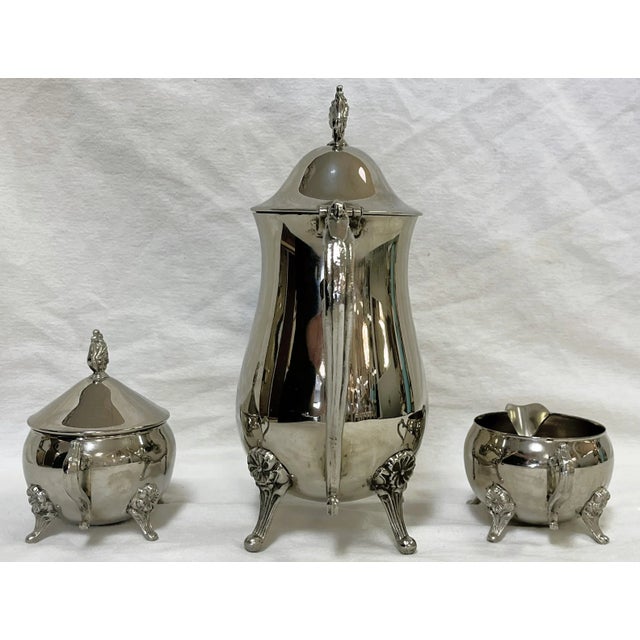 Mid 20th Century Vintage 3-Piece Tea Service, Silverplate With Floral Details For Sale - Image 5 of 13