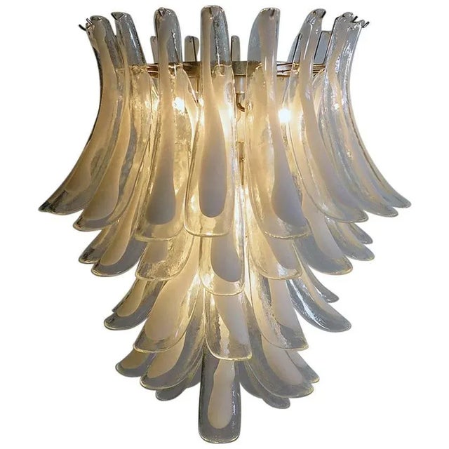 Pair of huge Italian vintage Murano chandeliers made up of 52 glass petals (transparent crystal, smooth outside, with...
