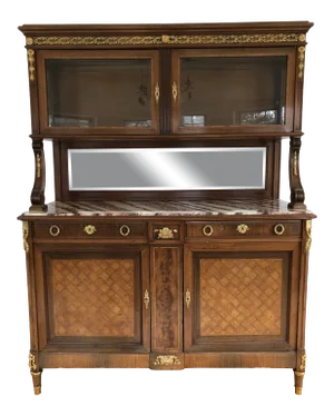 Antique French Louis XVI Style Marble Top Sideboard Mirrored Back & Hutch China Cabinet