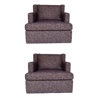 Revelation Modern Tweedy Bird Purple Finch Unwind Swivel Chairs Pair For Sale