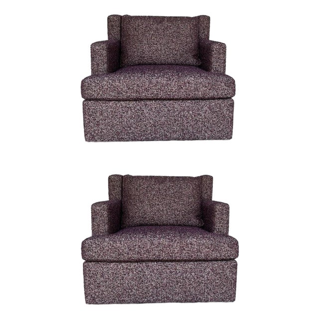 Revelation Modern Tweedy Bird Purple Finch Unwind Swivel Chairs Pair For Sale