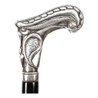 Antique French Art Nouveau Silver Walking Cane Stick, 1800s For Sale