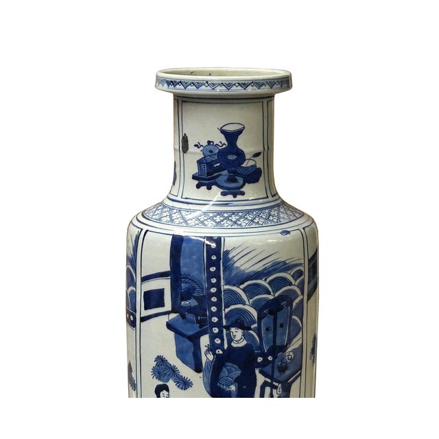 Ceramic Oriental Blue White People House Gathering Graphic Porcelain Art Vase For Sale - Image 7 of 17