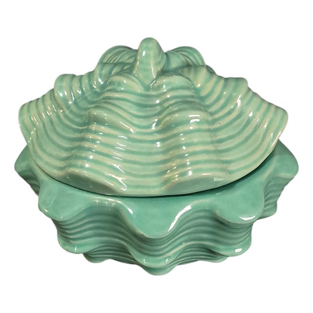 Late 20th Century Ceramic Celadon Color Coastal Seashell Shaped Covered, Candy, Trinket Box For Sale