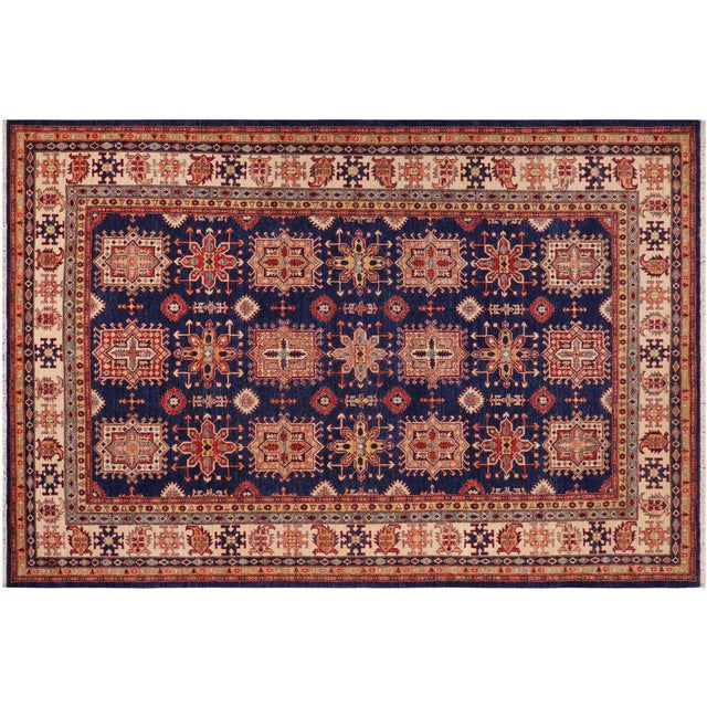 Southwestern Super Kazak Blue/Beige Wool Rug - 8'3'' X 9'11'' For Sale - Image 9 of 10
