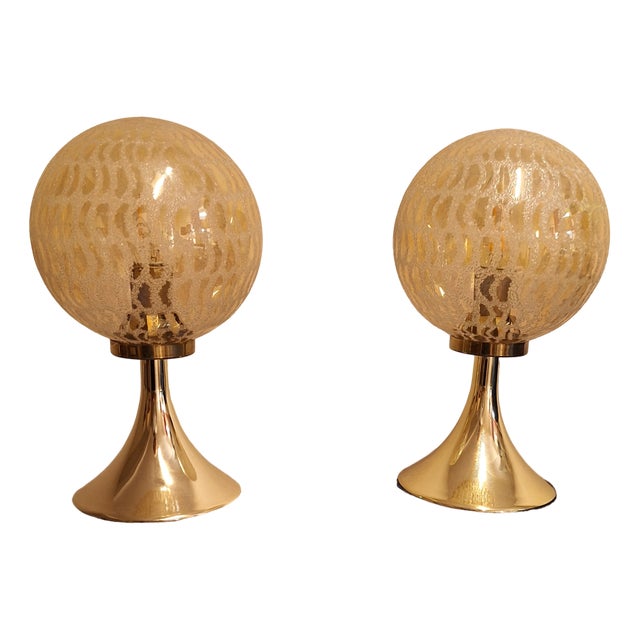 Vintage Bedside Lamps with Gold-Colored Plastic Base and Round Tinted, Patterned Glass Shade, 1970s, Set of 2 For Sale