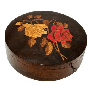 Fine Antique Art Nouveau Ladies Rosewood Locking Vanity Box With Beautiful Rose Flowers Marquetry - Inlay Work For Sale