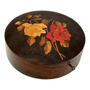Fine Antique Art Nouveau Ladies Rosewood Locking Vanity Box With Beautiful Rose Flowers Marquetry - Inlay Work