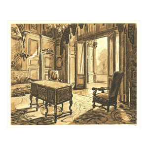 1925 French Antique Sitting Room Interior Lithograph, Matted